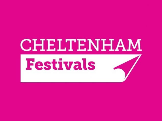 Cheltenham Festivals logo in white on a pink background